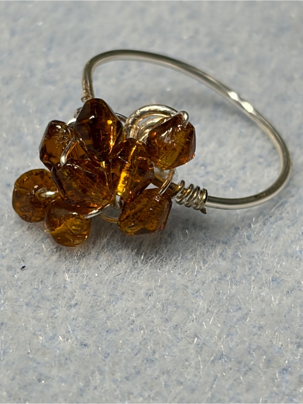 Handcrafted Amber Crystal Bead Ring Silver